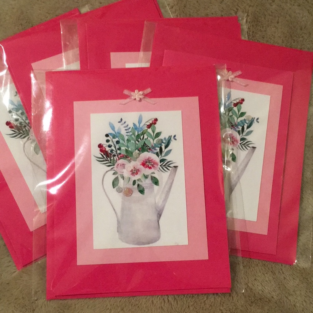 Watering Can Bouquet Handcrafted Note Card Set5NWT